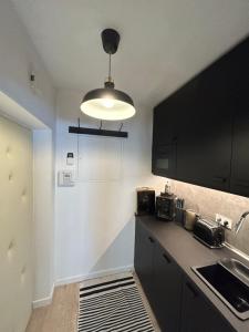 a kitchen with a sink and a light hanging over a counter at La Mia Casa STARE MIASTO Warszawa in Warsaw