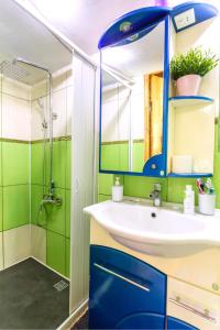 a bathroom with a sink and a shower at Baba Yagas house in Rakhiv