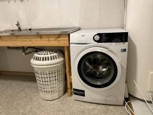 pralka i umywalka w pokoju w obiekcie Romslig leilighet i Lofoten 