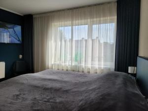 a bedroom with a large window with white curtains at Bed & Budget123 in Twello