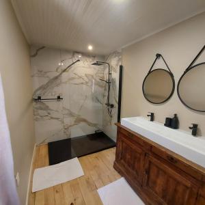 a bathroom with a shower and a sink and a mirror at LES TROIS L in Gindou