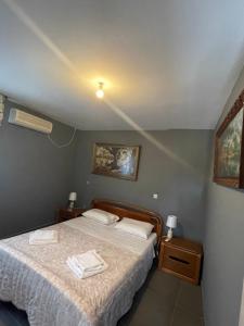 1 dormitorio con 1 cama con 2 toallas en John’s shared apartment, en Artemida