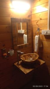 ein Holzbadezimmer mit einem Waschbecken und einem Spiegel in der Unterkunft Cocorico Stay Ya! Cottages Alibag in Alibag