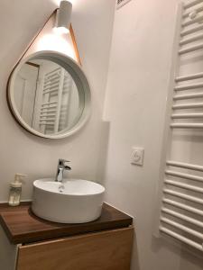 uma casa de banho com um lavatório e um espelho em Ma Tour d'Auvergne _Charmant T2 avec vélos em Châtel-Guyon