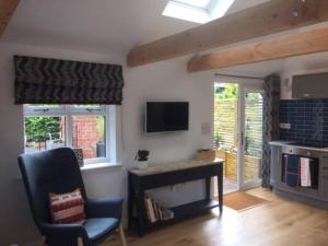 a living room with a fireplace and a tv and a chair at Cliff Lane Annexe: stylish in a perfect location. in Cromer