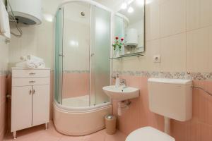 a bathroom with a shower and a toilet and a sink at Apartments Plazibat in Hvar +43 photos