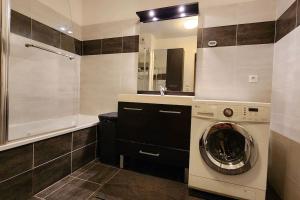 a bathroom with a washing machine and a shower at Appartement Voie Lactée Lyon in Lyon