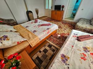 1 dormitorio con 2 camas, mesa y espejo en Casa Rozalia, en Breazova