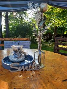 een vaas met een bloem erin op een tafel bij Metkina Hiška 