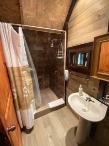 y baño con ducha y lavamanos. en Casa Santa Teresita - Cabaña familiar tipo glamping en Sanarate