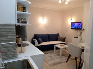 a living room with a couch and a table at Red Square Apartment in Pirot