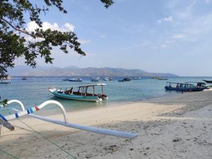 a group of boats in the water on a beach at Gili Mesari Cottages & Homestay in Gili Trawangan