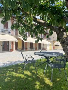 a table and chairs under a tree in the grass at Agriturismo Le Viole in Barolo