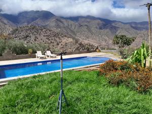 a camera in the grass next to a swimming pool at Dar Tamounte in Tagadirt nʼBour