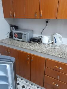 a kitchen counter with a microwave and a toaster at Jacky's Milimani suites in Nakuru