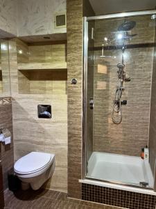 un baño con inodoro y ducha en Apartament w Ostródzie, en Ostróda