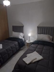 a bedroom with two beds and a table with a lamp at Tu Casita de Paso in General Acha