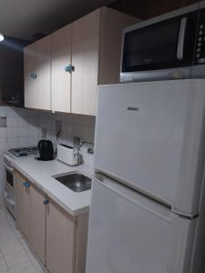 uma cozinha com um frigorífico branco e um lavatório em Tu Casita de Paso em General Acha
