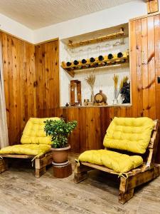 two yellow chairs in a room with wooden walls at ECO guest house in Berd