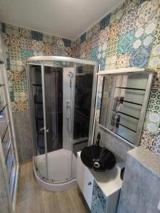 y baño con ducha y lavamanos. en Haus Oberkassel, en Bonn