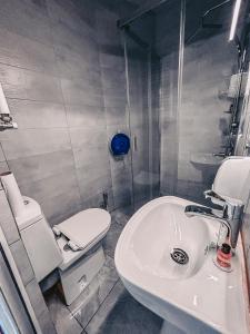 a bathroom with a white sink and a toilet at Apple cozy hotel in Tbilisi City