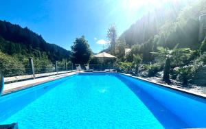 a blue swimming pool with a mountain in the background at Villa Evy in Mutters