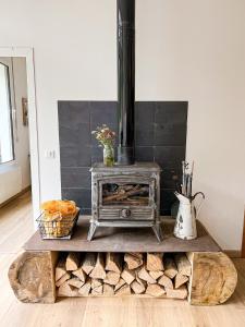 a fireplace with a wood stove in a room at Anouste Lou Bercail - cocon entièrement rénové avec vue sur la montagne in Campan