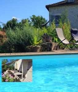 kolaż zdjęcia basenu i domu w obiekcie A deux pas de St Cirq Lapopie , Gite des Murets de l'isa w mieście Esclauzels