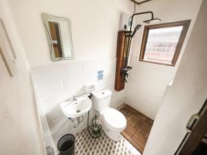 La petite salle de bains est pourvue de toilettes et d'un lavabo. dans l'établissement La Lola, à San Vicente