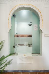- une douche avec une porte en verre dans la chambre dans l'établissement ADANAR-Apartamentos Muralla Zirí, à Grenade