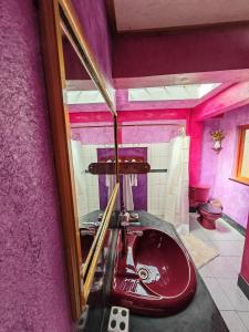 a bathroom with a red sink and a mirror at Casa al lado del Bosque in Oxapampa +9 photos