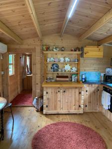 een keuken met houten wanden en een houten vloer bij Songbird Lodge - Near brew pub/10 mins from Snowdon in Caernarfon