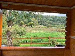 a window in a cabin with a view of a field at Songbird Lodge - Near brew pub/10 mins from Snowdon in Caernarfon