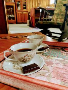 a cup of coffee sitting on a table with a saucer at Casa de Campo in Guaíba