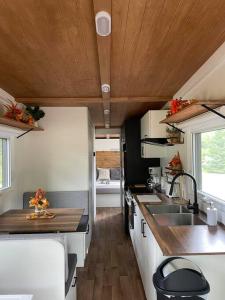 una cocina con fregadero y encimera en una caravana en Micro chalet Le Boisé !, en Saint Zenon