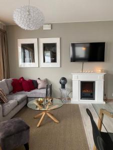 a living room with a couch and a fireplace at Apartment Leppä Rovaniemi in Rovaniemi