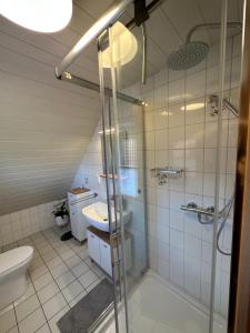 y baño con ducha, aseo y lavamanos. en Ruhige, kleine Ferienwohnung, en Schortens