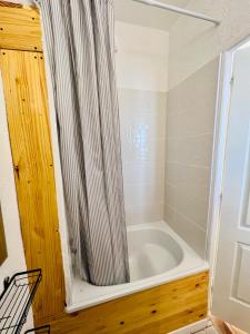 a bath tub with a shower curtain in a bathroom at Appartement « Dolce Vita » in Vitry-le-François