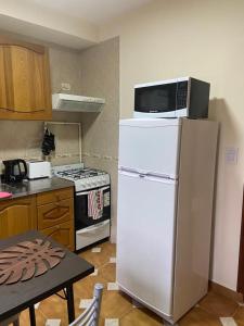 a kitchen with a microwave on top of a refrigerator at Mirando al Sur in Ushuaia