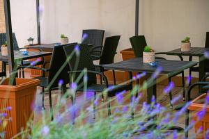 アルゲーロにあるAlghero Sunriseの紫の花の並ぶテーブルと椅子