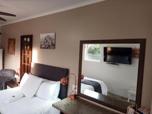 ein Hotelzimmer mit einem Bett und einem Spiegel sowie einem Bett sidx sidx sidx sidx sidx in der Unterkunft The Oak Tree in Queenstown