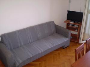 um sofá azul numa sala de estar com televisão em Apartment Ana Skale em Senj