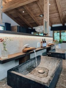 a kitchen with a counter top with a sink at Chalet Alpin mit privatem Whirlpool und Sauna in Bayrischzell