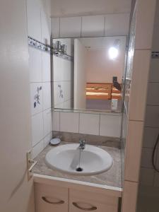 a bathroom with a sink and a mirror at Studio cosy les pieds dans l'eau à l'autre bord in Le Moule