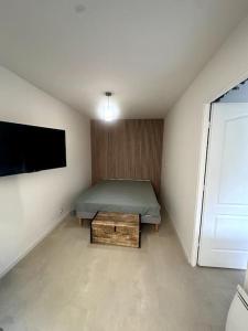 a small bedroom with a bed and a tv at Geneva Jungle Loft in Gaillard
