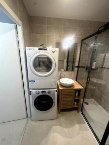 a bathroom with a washing machine and a sink at Geneva Jungle Loft in Gaillard