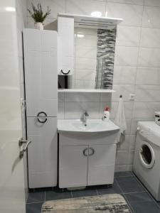 a white bathroom with a sink and a washing machine at Apartman Sandi in Novi Travnik +25 photos