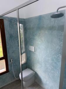 a bathroom with a toilet and a blue wall at Blue Villa Zanzibar in Pwani Mchangani