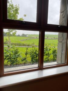 a window with a view of a green field at Creevagh Cottage in Castlebar