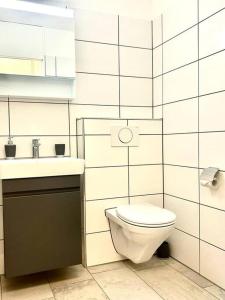 Baño blanco con aseo y lavamanos en Casa Ambizione, en Dietikon